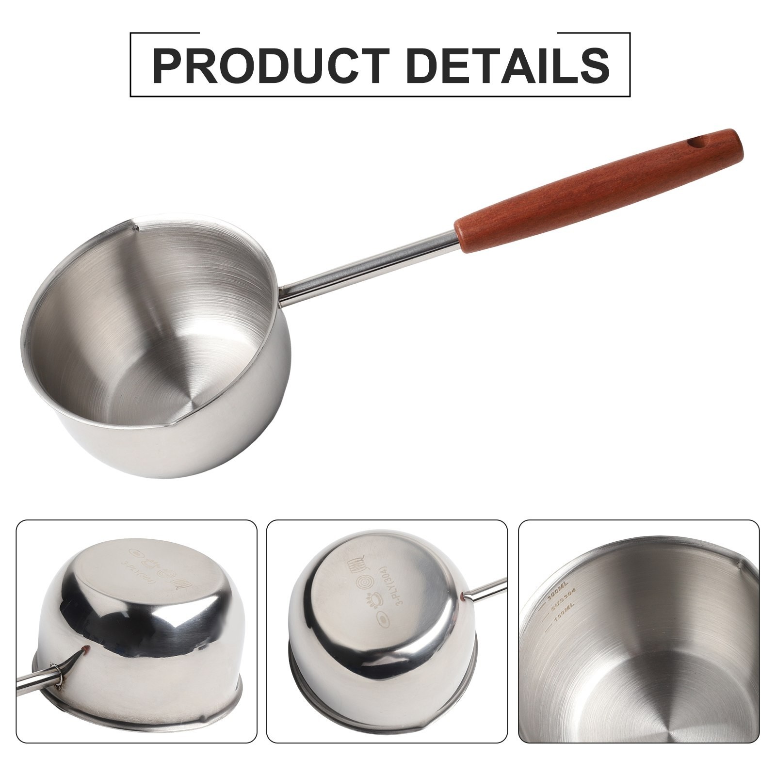 Compact 300ml Stainless Steel Frying Pan with Extended Wooden Handle Design