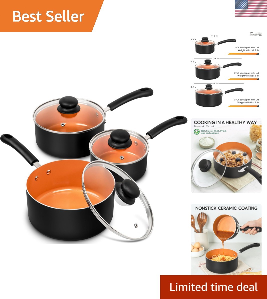 Nonstick Sauce Pan with Lid 1QT, 2QT & 3QT, Ceramic Saucepan Set, Copper Sauc…