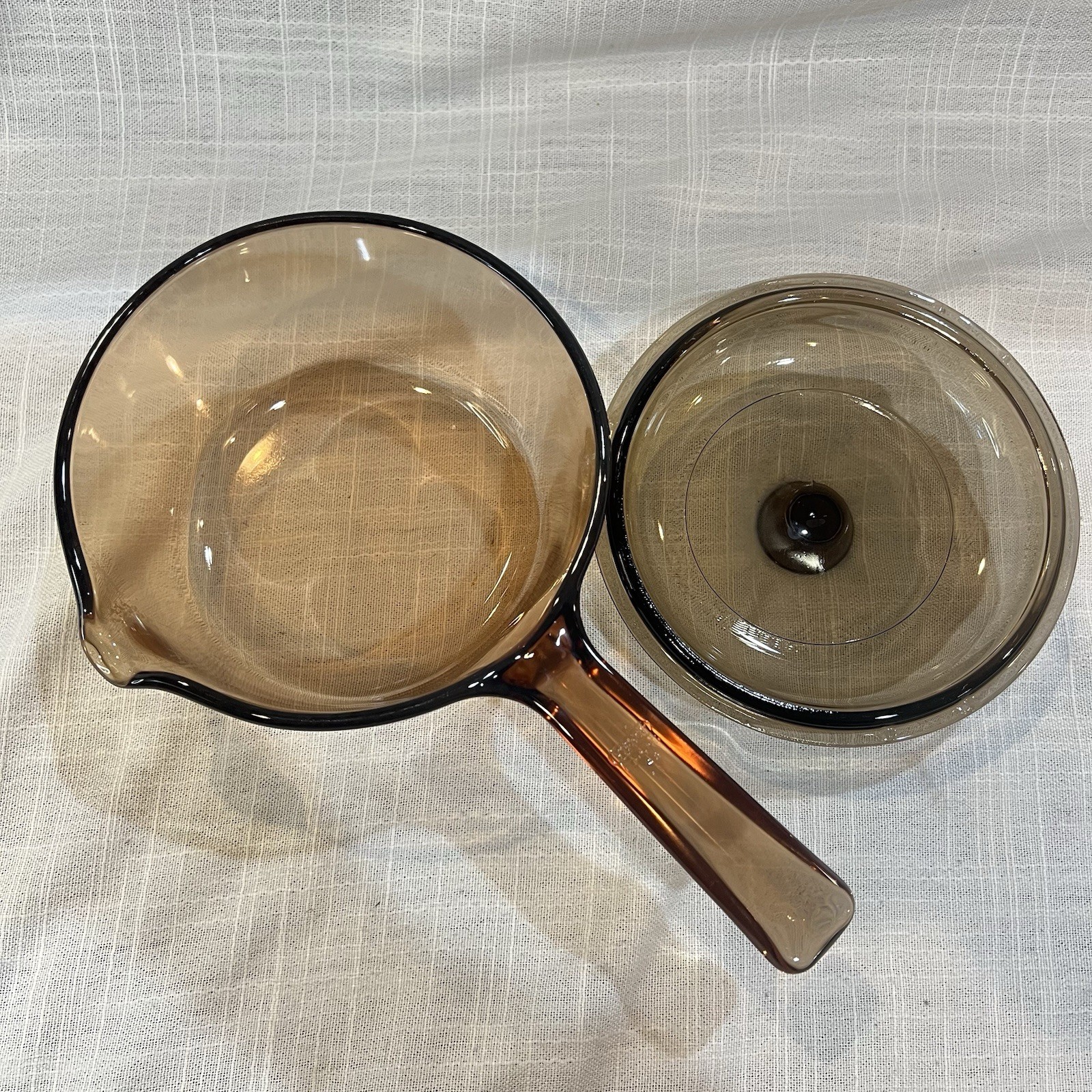Visions Corning 1L Amber Glass Saucepan Pot Pyrex Lid w/ Pour Spout V1C Vintage