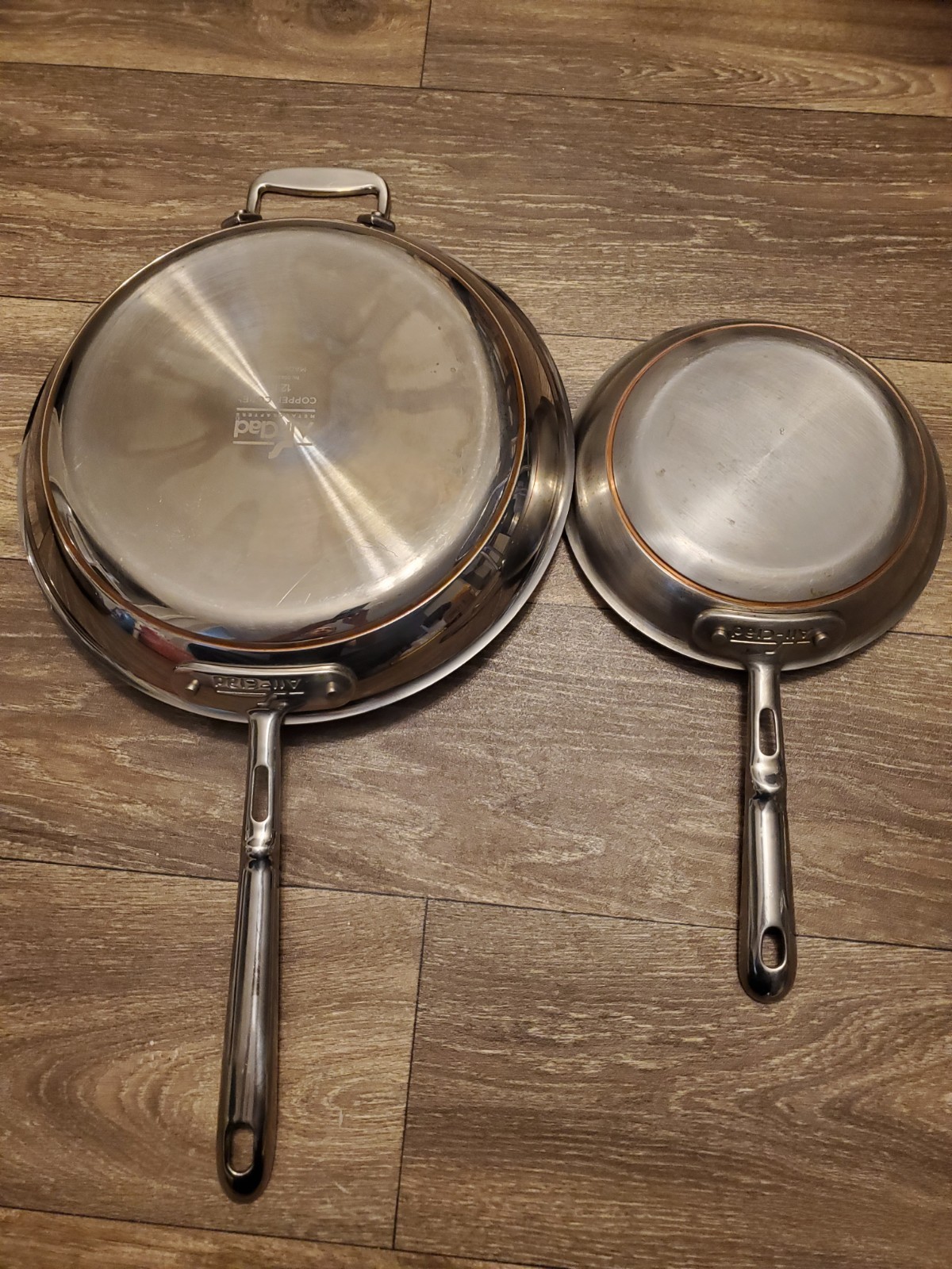 2 pieces all clad copper core frying pans 12″ & 8 “