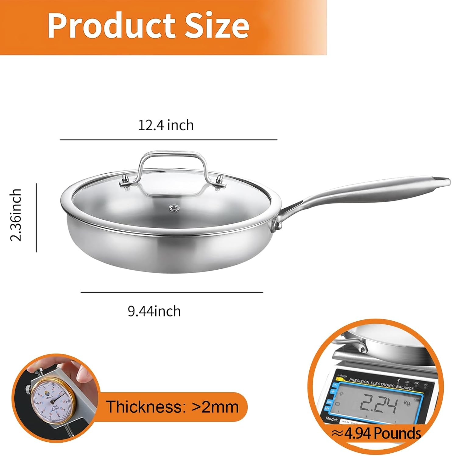 DELARLO Kitchen Whole Body Tri-Ply Stainless Steel Frying Pan, 12 inch,Stainless