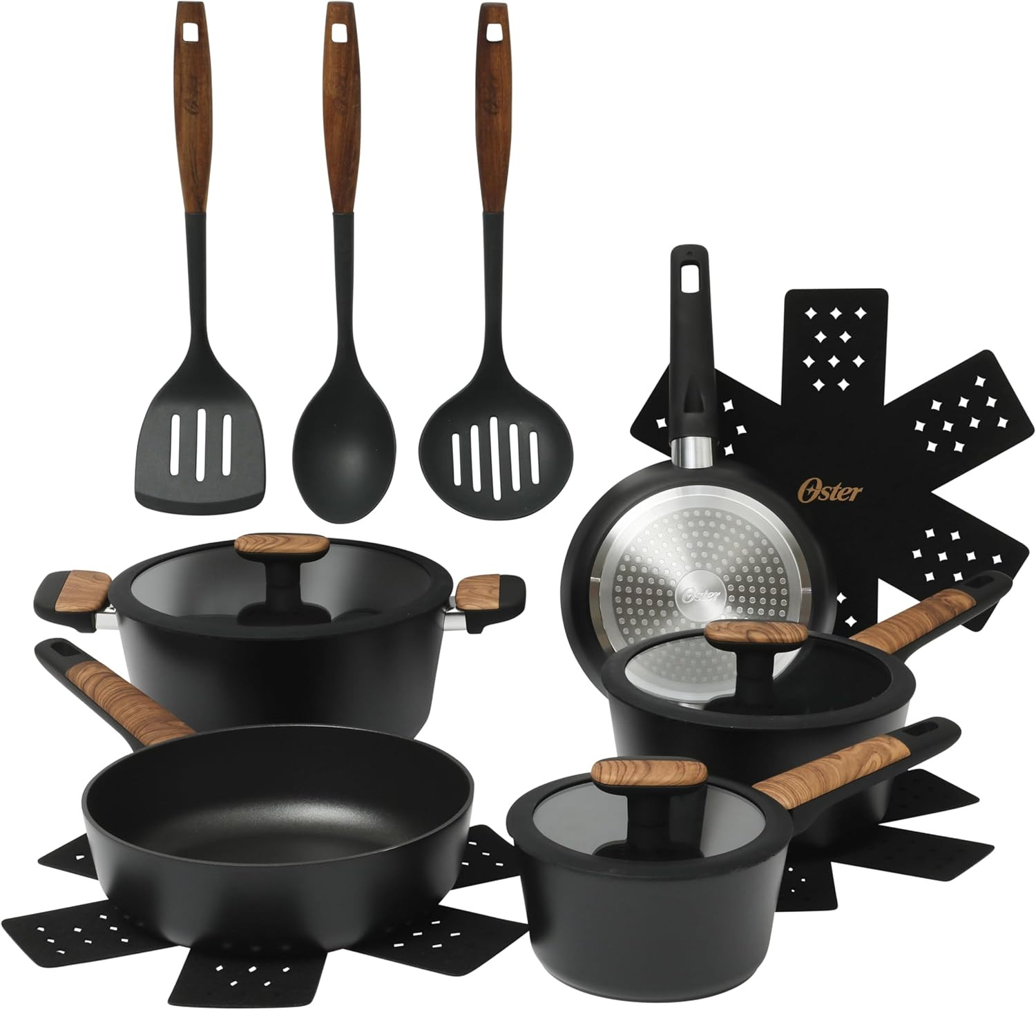 14-Piece Non-Toxic Ceramic Cookware Set with Wood Handles – Black
