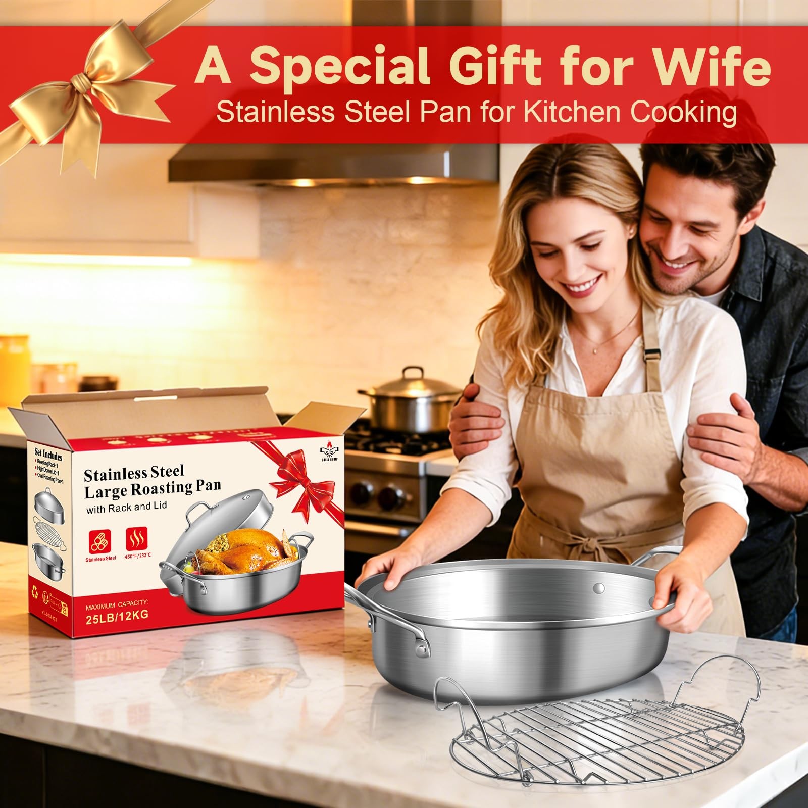 21 Inch Stainless Steel Roasting Pan with Rack and Lid For Turkey Chicken