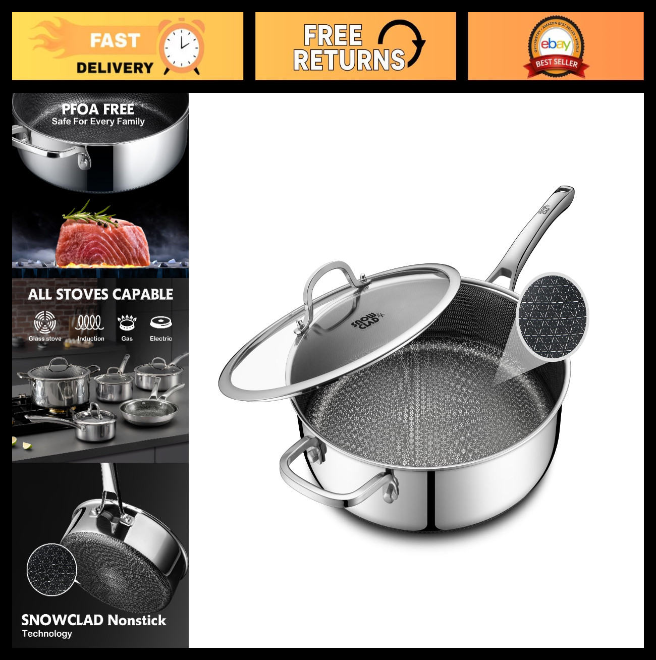 Nonstick 5 Quart Saute Pan with Lid, PFOA Free, 12″ Deep Skillet, Oven Safe, All