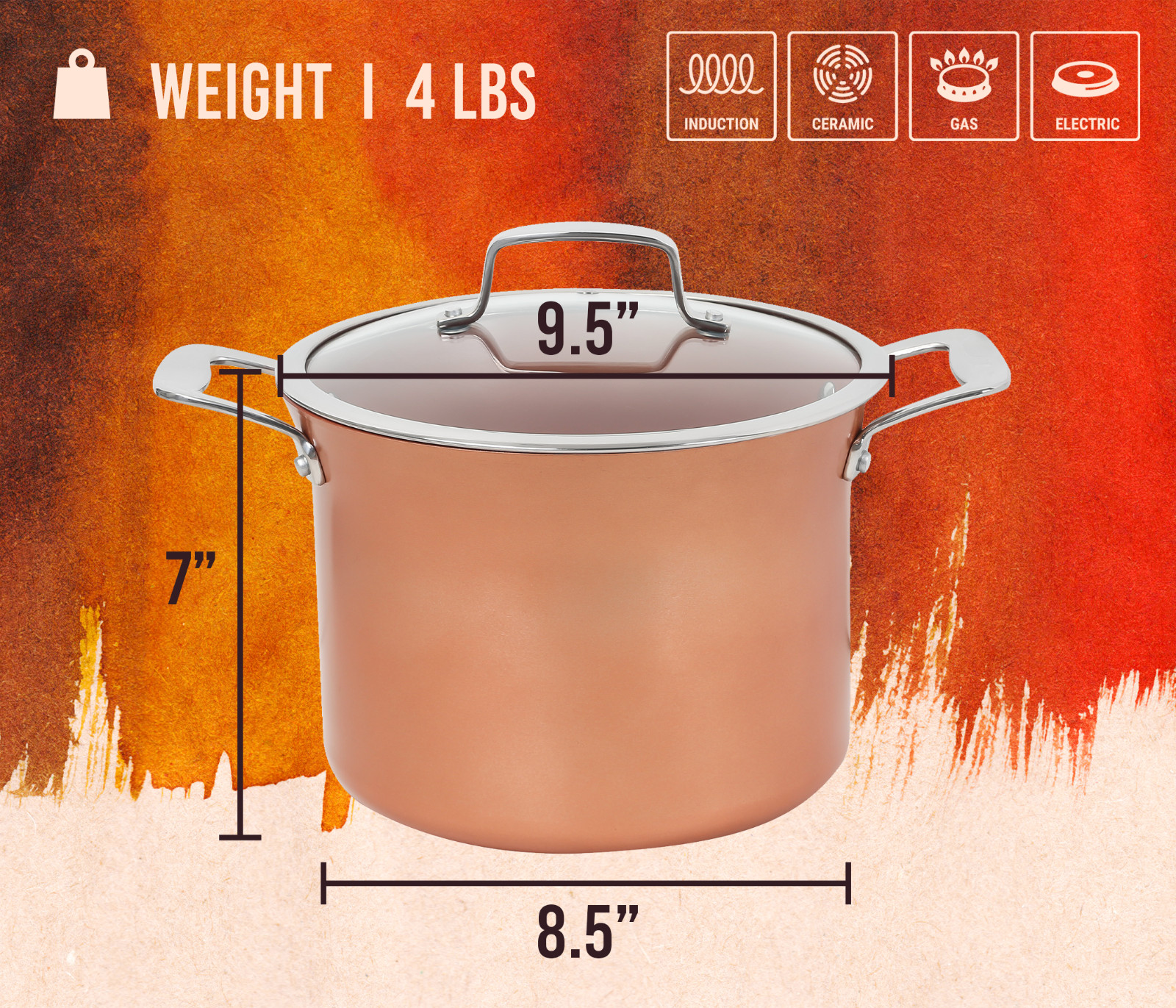 CONCORD 7 QT Large Size Ceramic Coated Stock Pot -Copper- Induction Compatible