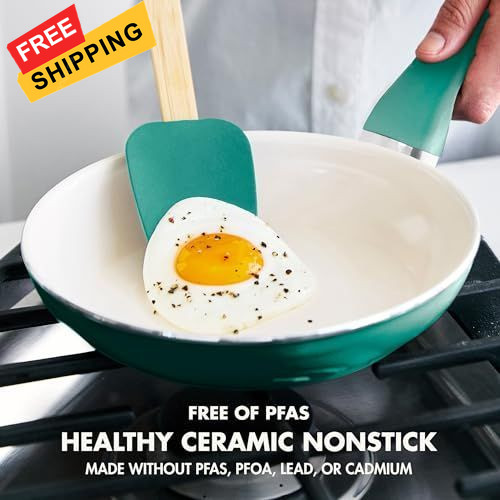 GreenPan Rio Healthy Ceramic Nonstick 8″ Frypan and Spatula Set, Turquoise