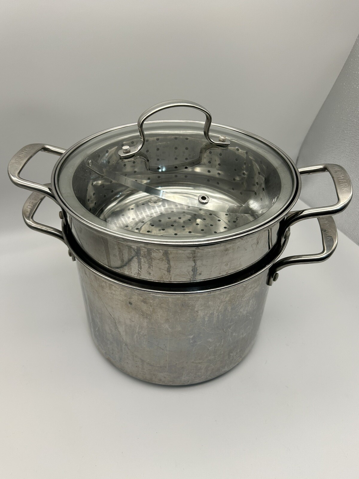 Denmark for Cooks Stainless Stock Pasta pot w/ Strainer steamer glass lid