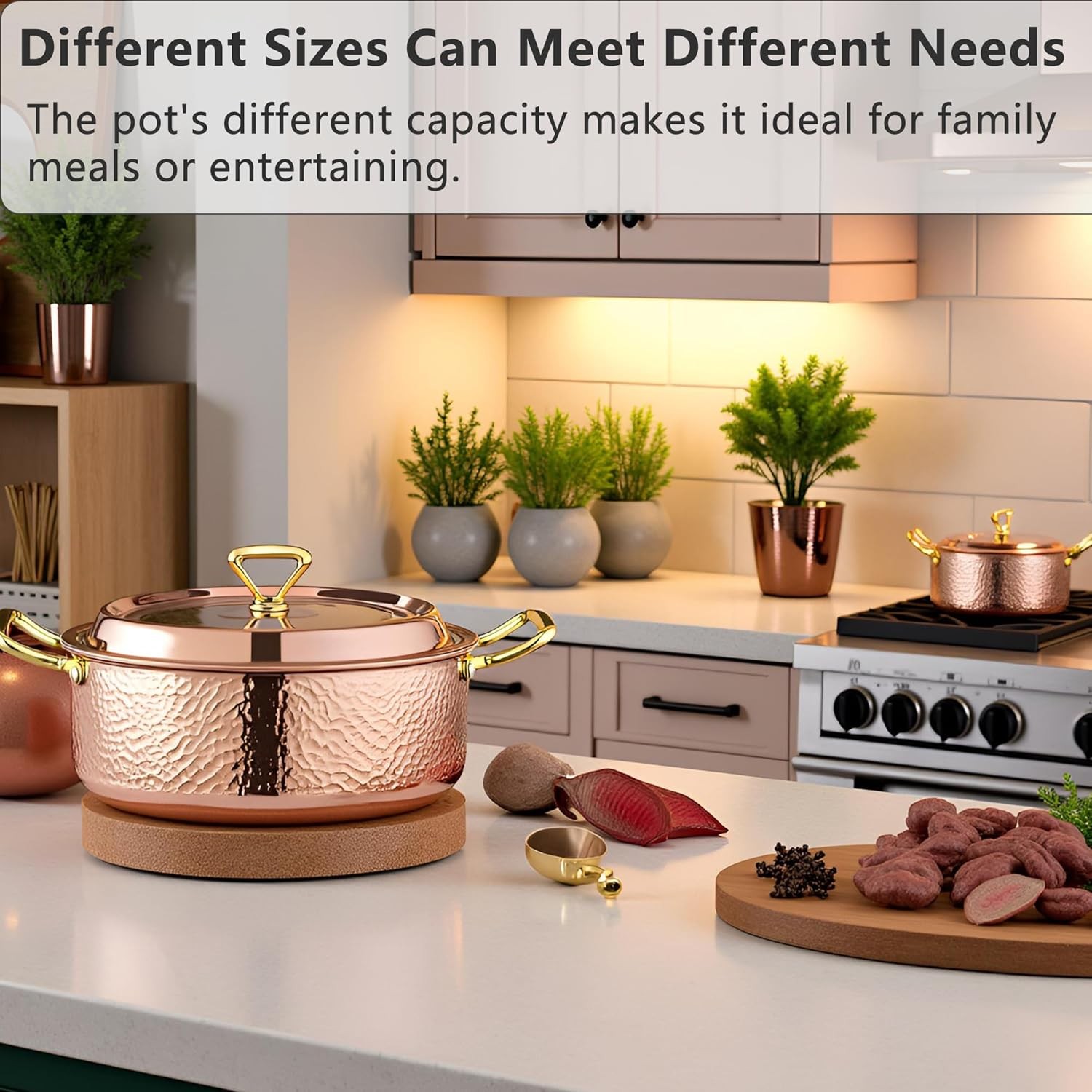 6.7QT Hmered Sto Pot with Lid, Copper Rose Gold, Tri-Ply Stainl