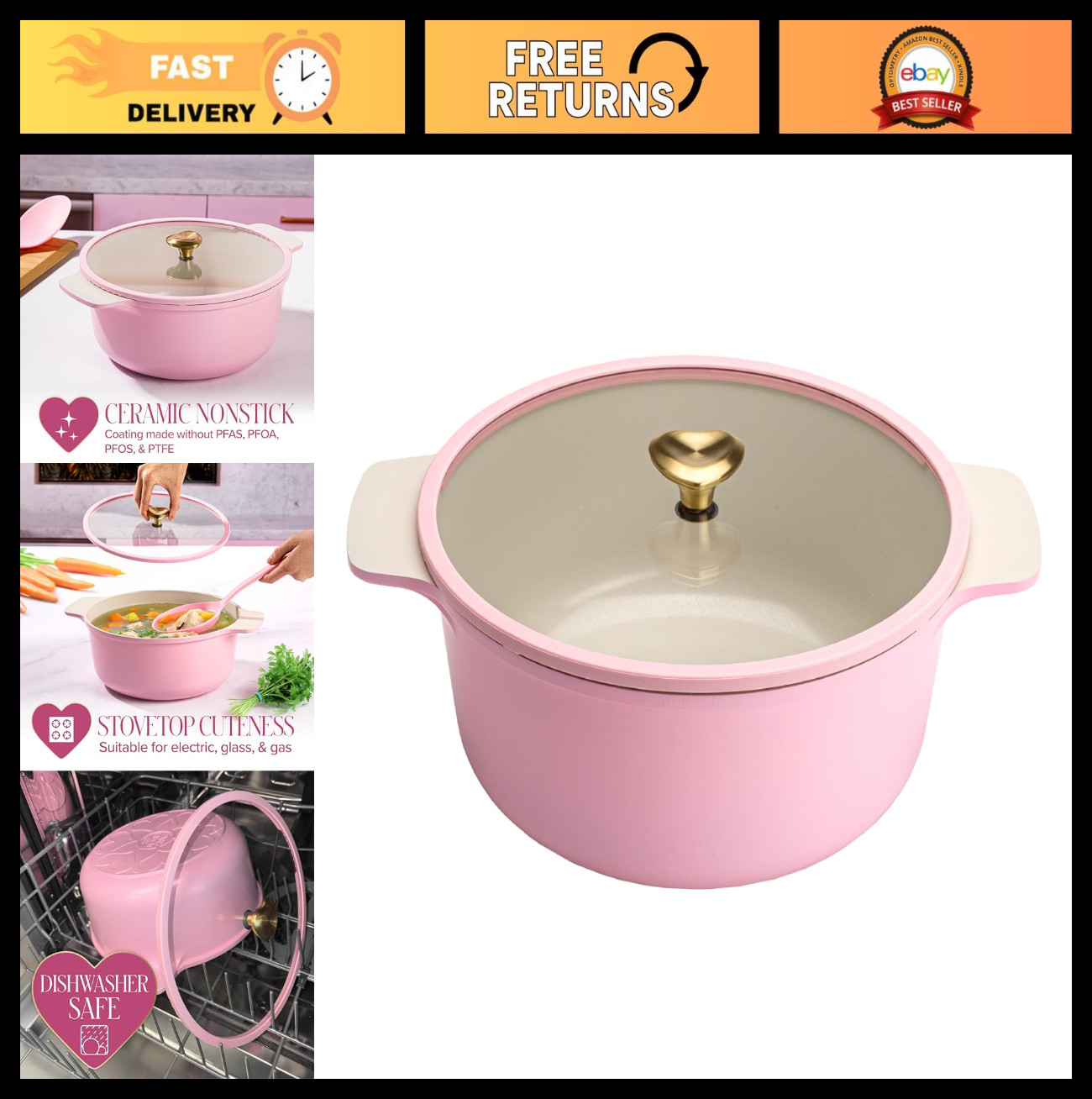 4.3QT Pink Cast Aluminum Dutch Oven with Lid, Nonstick Ceramic Coating, Heart Kn