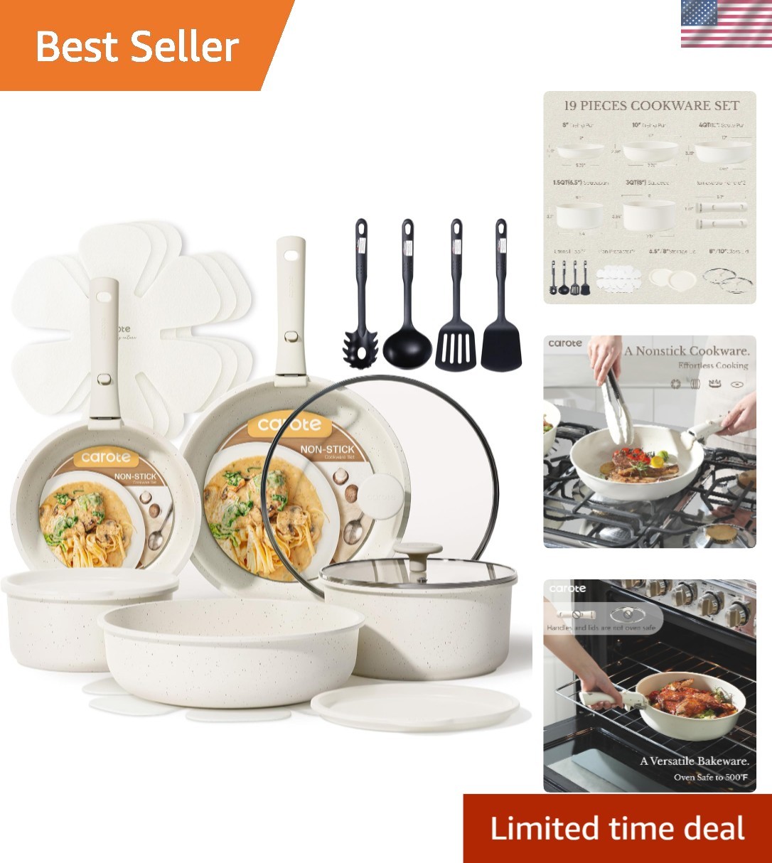19pcs Pots and Pans Set, Nonstick Cookware Set Detachable Handle, Induction K…