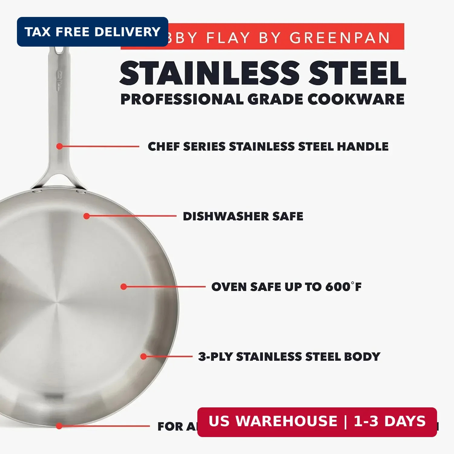 GreenPan x Bobby Flay 10 Piece Stainless Steel Cookware Set, Tri-Ply Multiclad P