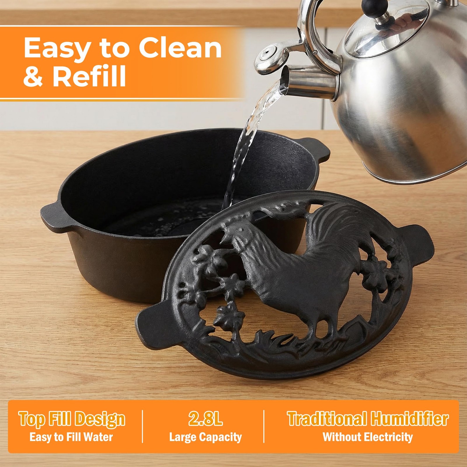 Wood Stove Steamer 2.5 Quart Humidifier Cast Iron Porcelain Fireplace Pot