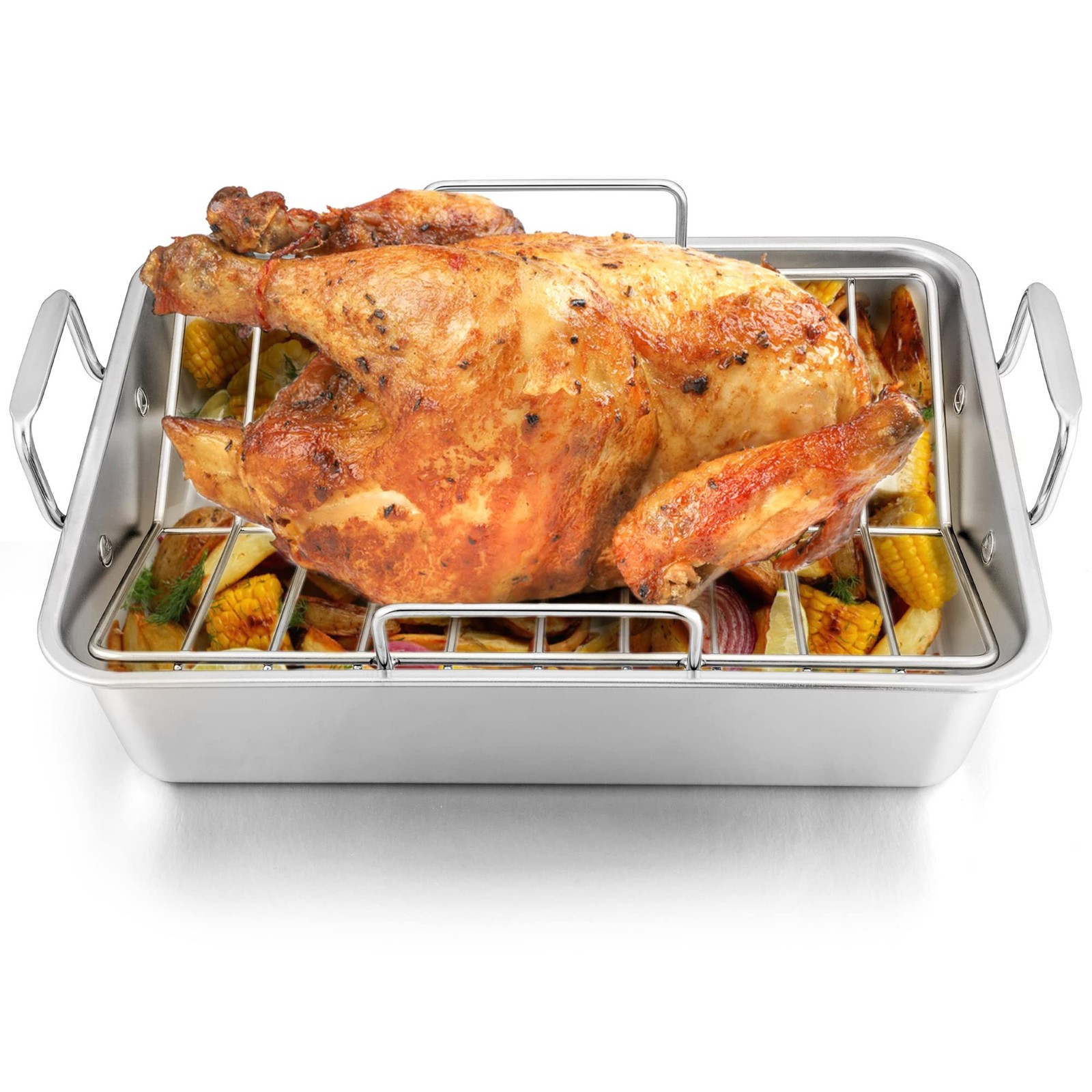 14 Inch Roasting Pan, Turkey Roaster with 2 Racks, Heavy Duty Stainless Steel…
