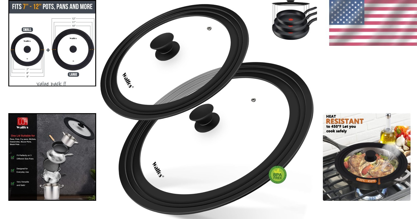 Universal 2-Pack Tempered Glass Lids with Silicone Rim for 7″ to 12″ Cookware