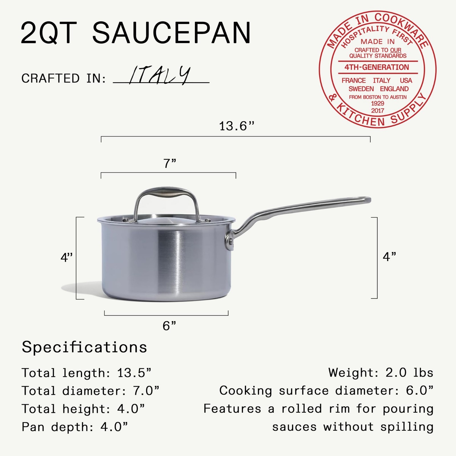 2 Quart Stainless Steel Saucepan with Lid – 5 Ply Clad Cookware – Induction Read