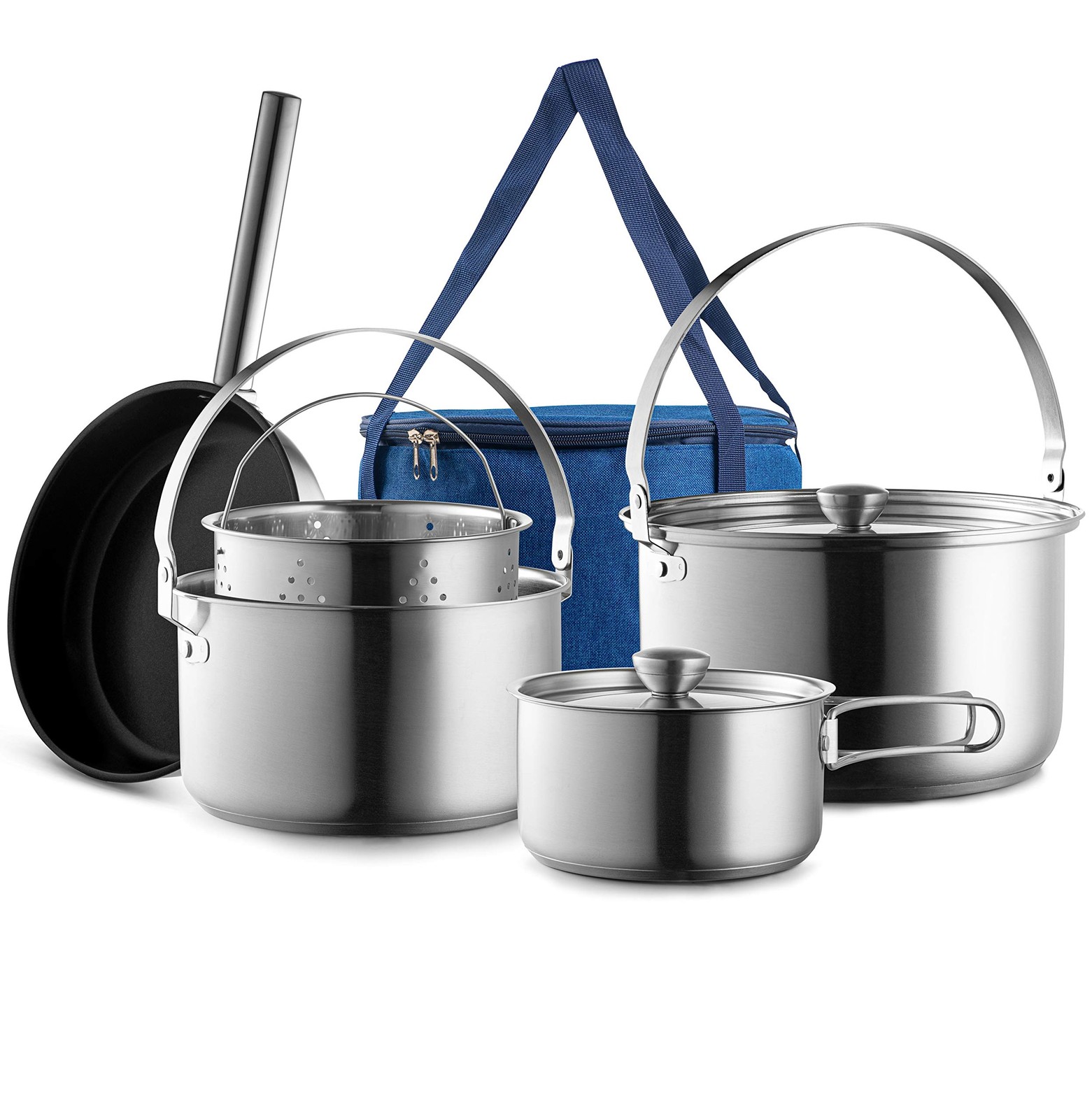 Camping Cookware Set 304 Stainless Steel 8-Piece Pots & Pans Open Fire Cookin…