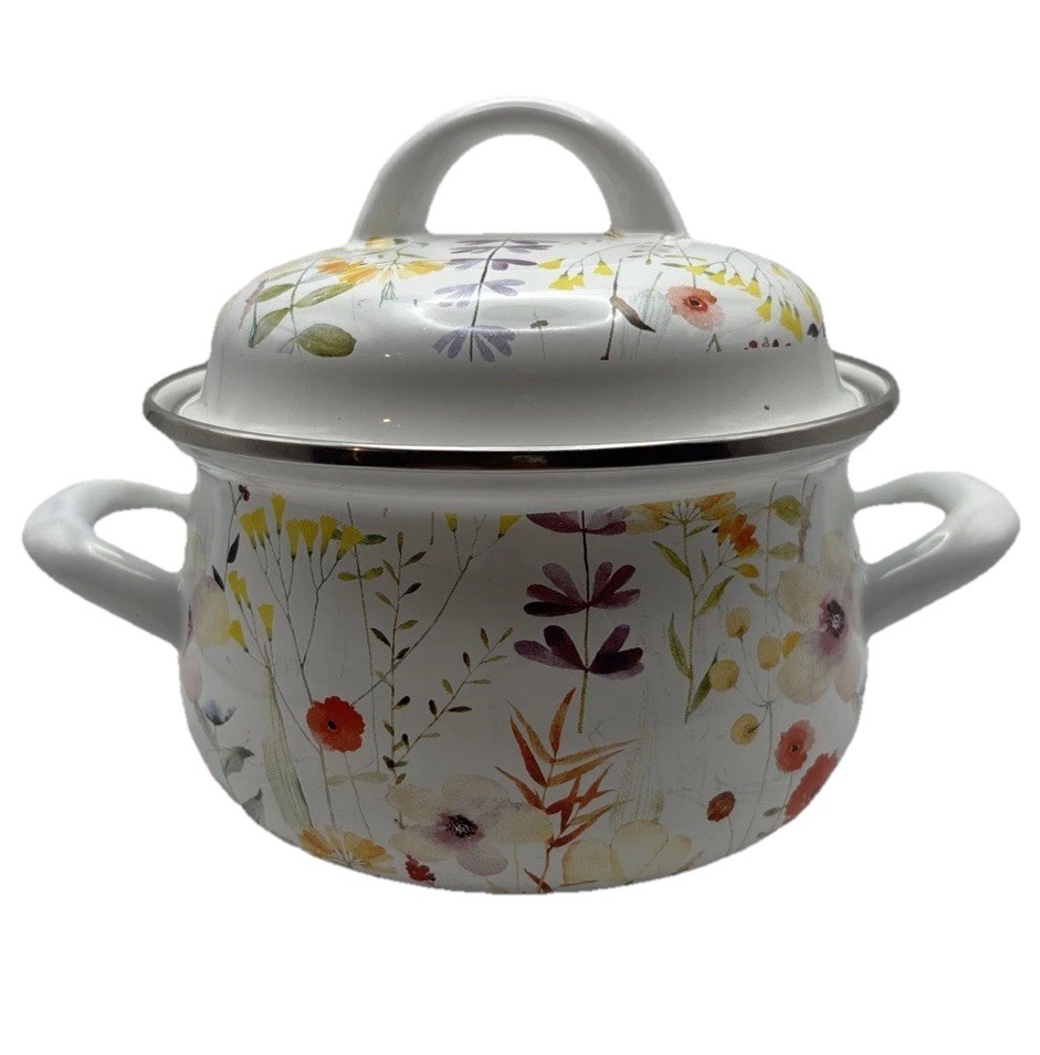 Crofton Mini Enameled Steel Pot Floral with Lid Double Handles New