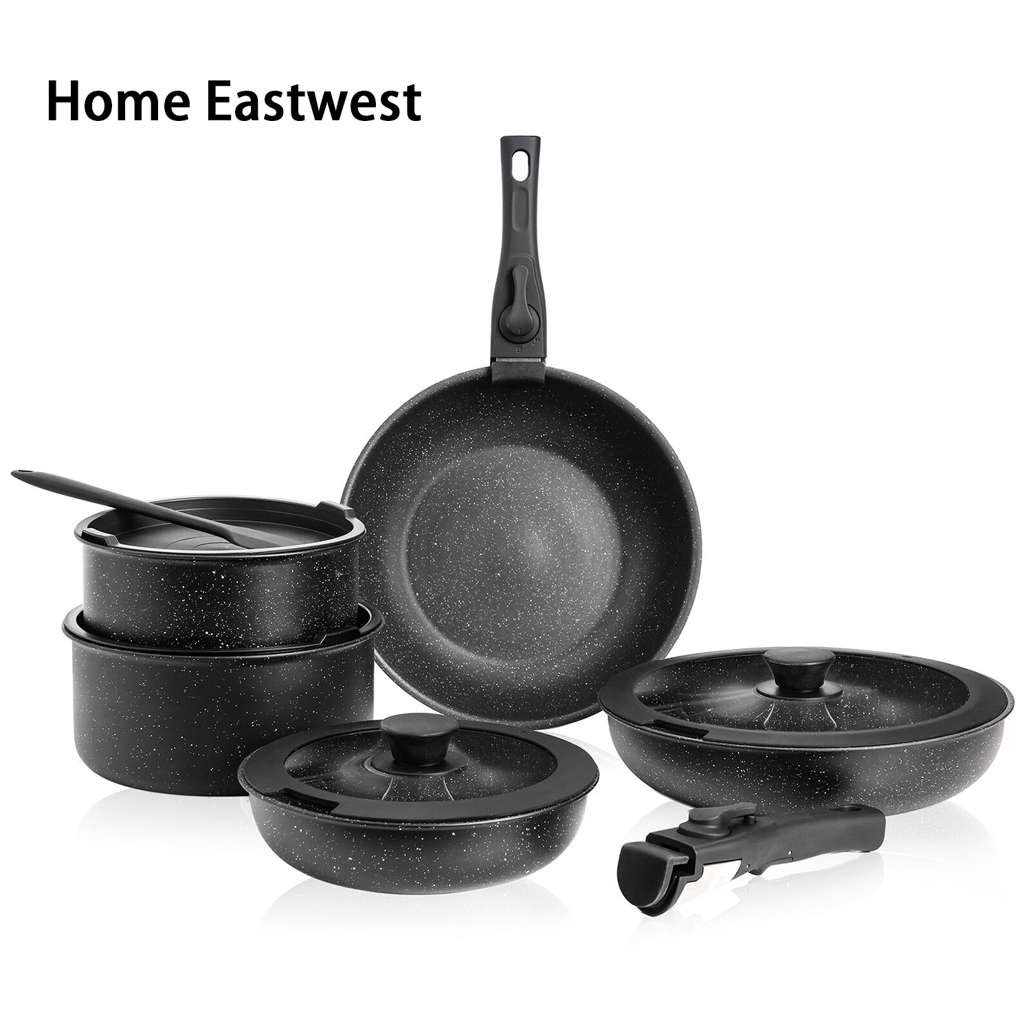 Home Eastwest 12pcs Non-Stick Pots Cookware Set with Detachable Handle,Black