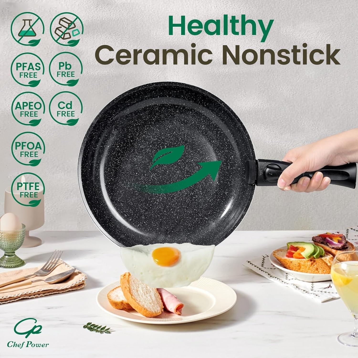 Ceramic Nonstick Cookware Set 19 Piece with Detachable Handle, Induction Dishwas