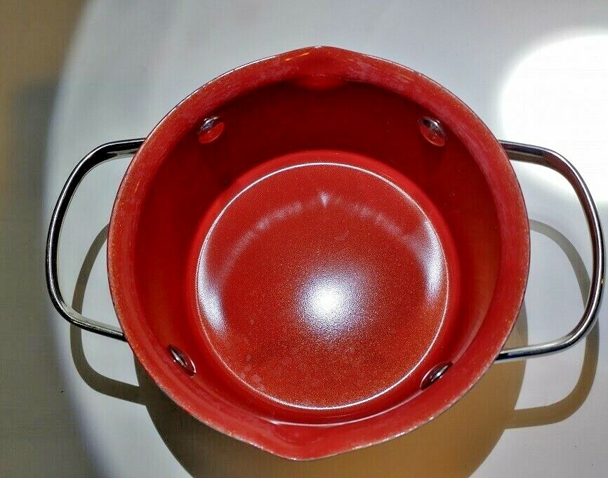 Casserole Pot 1 Qt, 6” Hard Enamel Bright Red Inside & Out, 2 SS Handles, No Lid