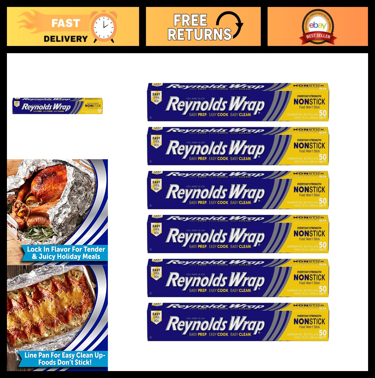 Non-Stick Aluminum Foil Roll – Easy Prep, Cook & Clean – 50 Sq Ft (6 Pack)
