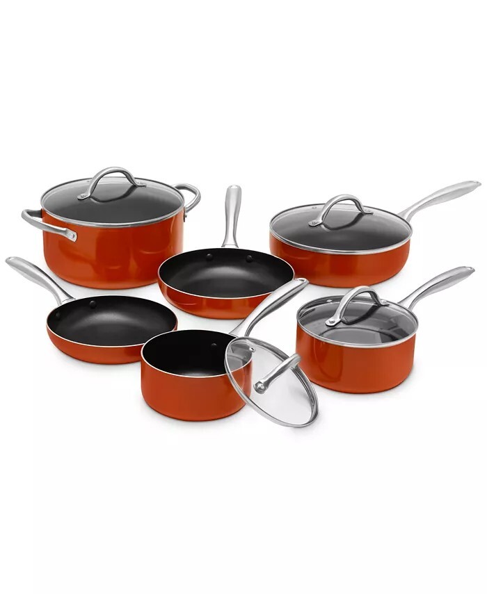 Sedona Essential Nonstick 10-Pc. Cookware with Tempered Glass Lids Red. NEW