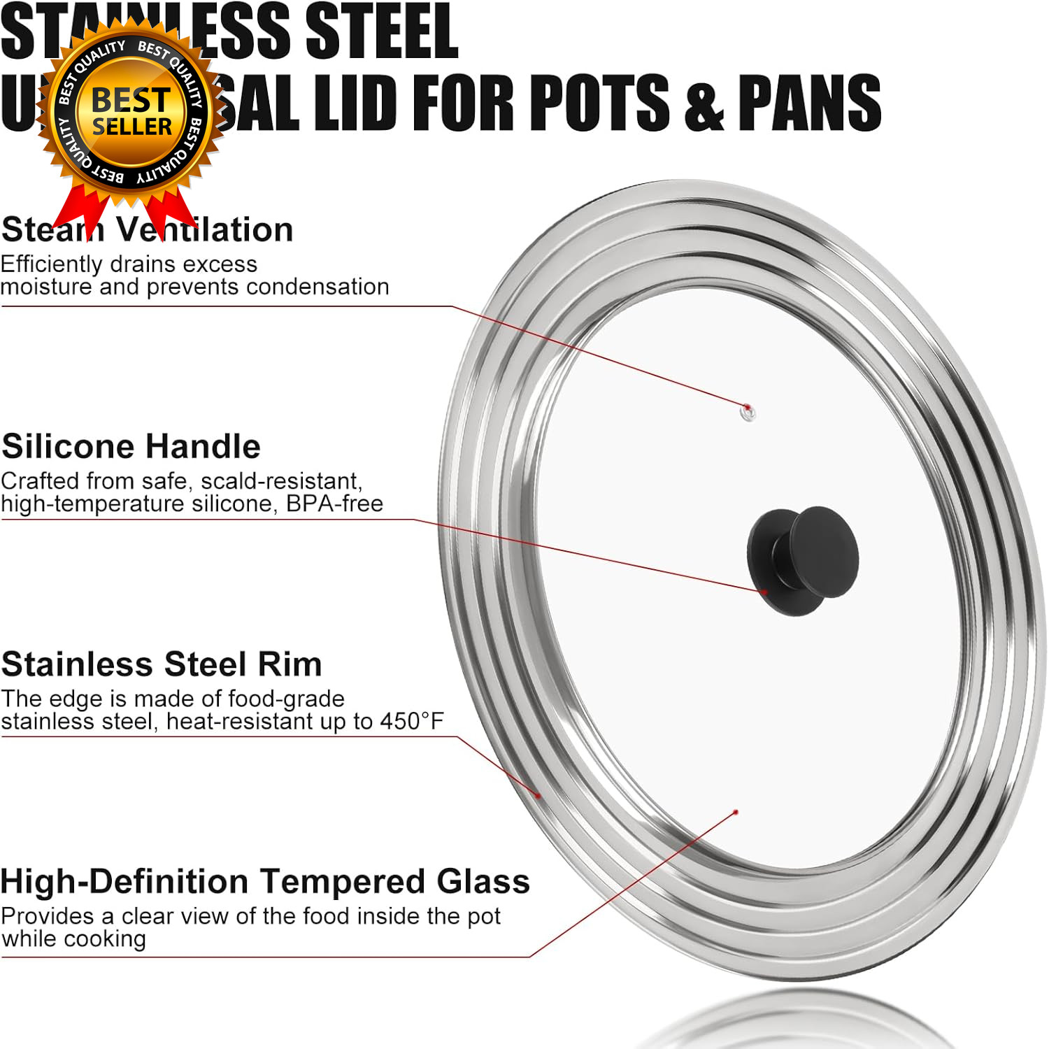 Pan Lid Fits 11 12 & 13 Inch Cookware, Universal Lid for Pots, Pans and Skillets