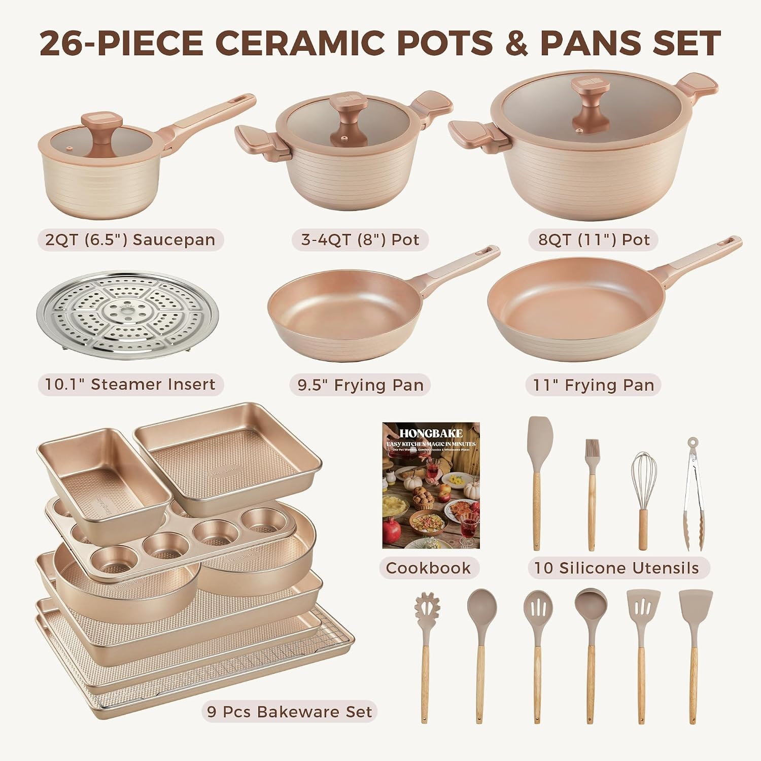 Pots and Pans Set Nonstick, 26 Pcs All-in-One Kitchen Starter Set with Cookware,