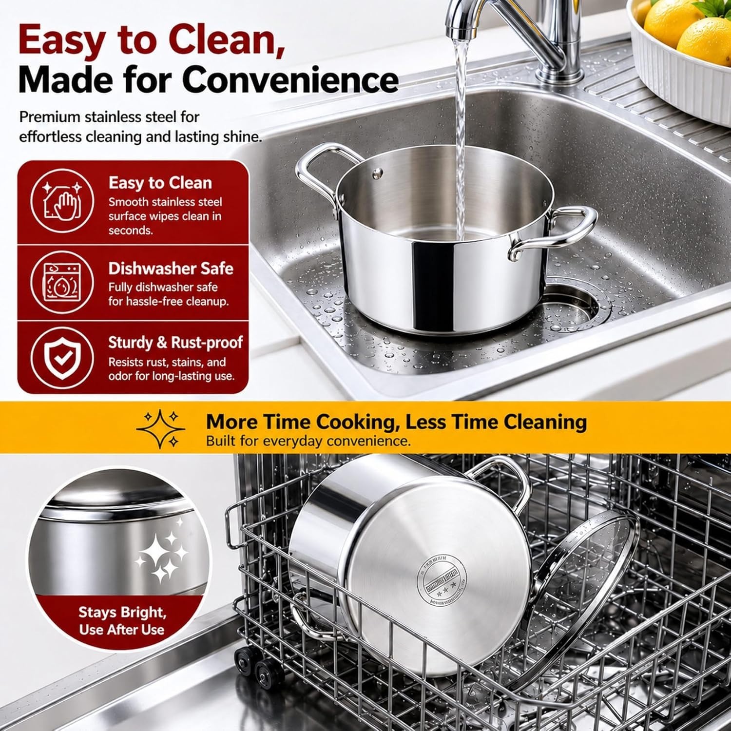 6 Quart Stock Pot, Stainless Steel Tri-Ply Cooking Pasta Pot with Tempered Gl…