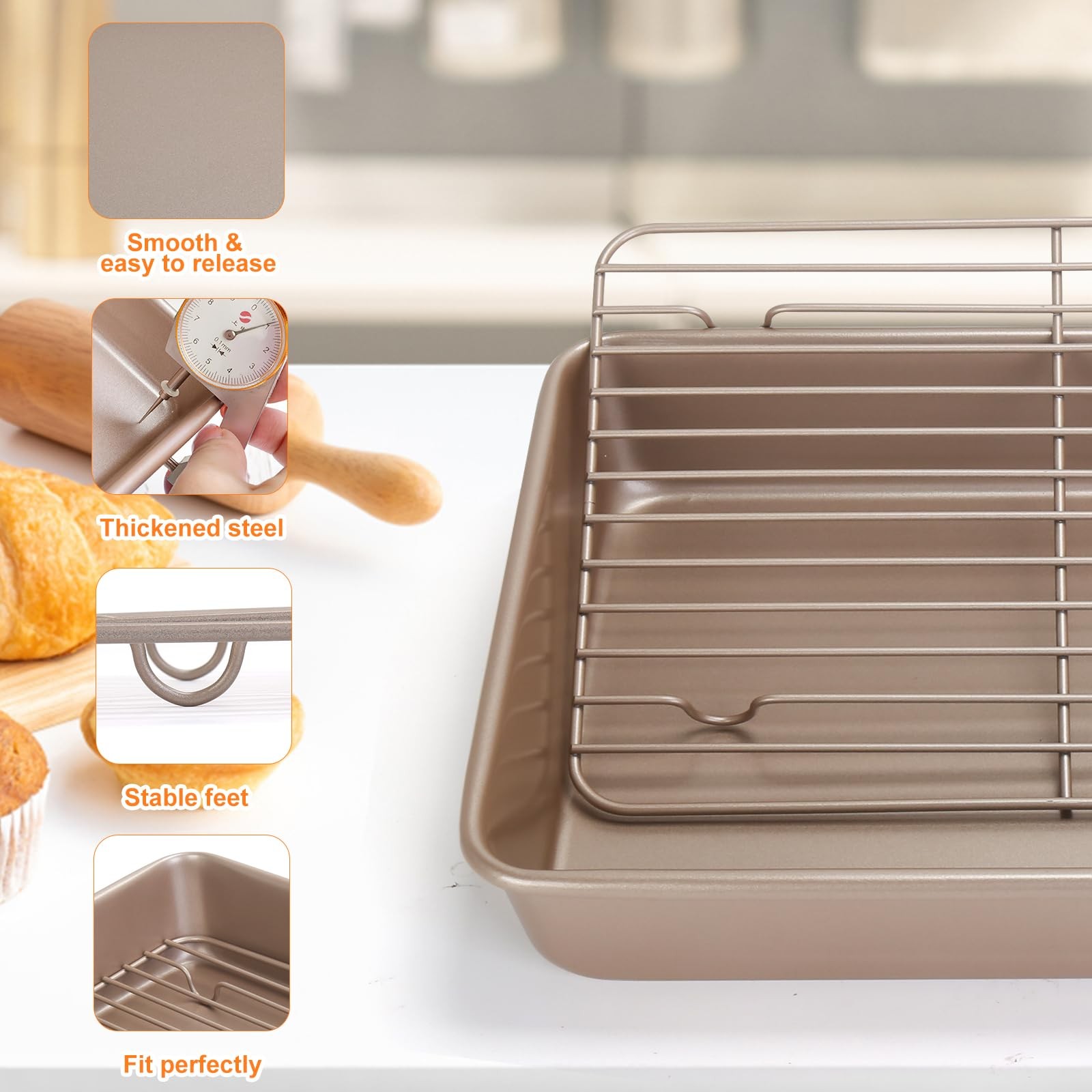 9x13Inch Roasting Pan with Rack, Thickened Nonstick Deep Rectangle Cake Pans,…