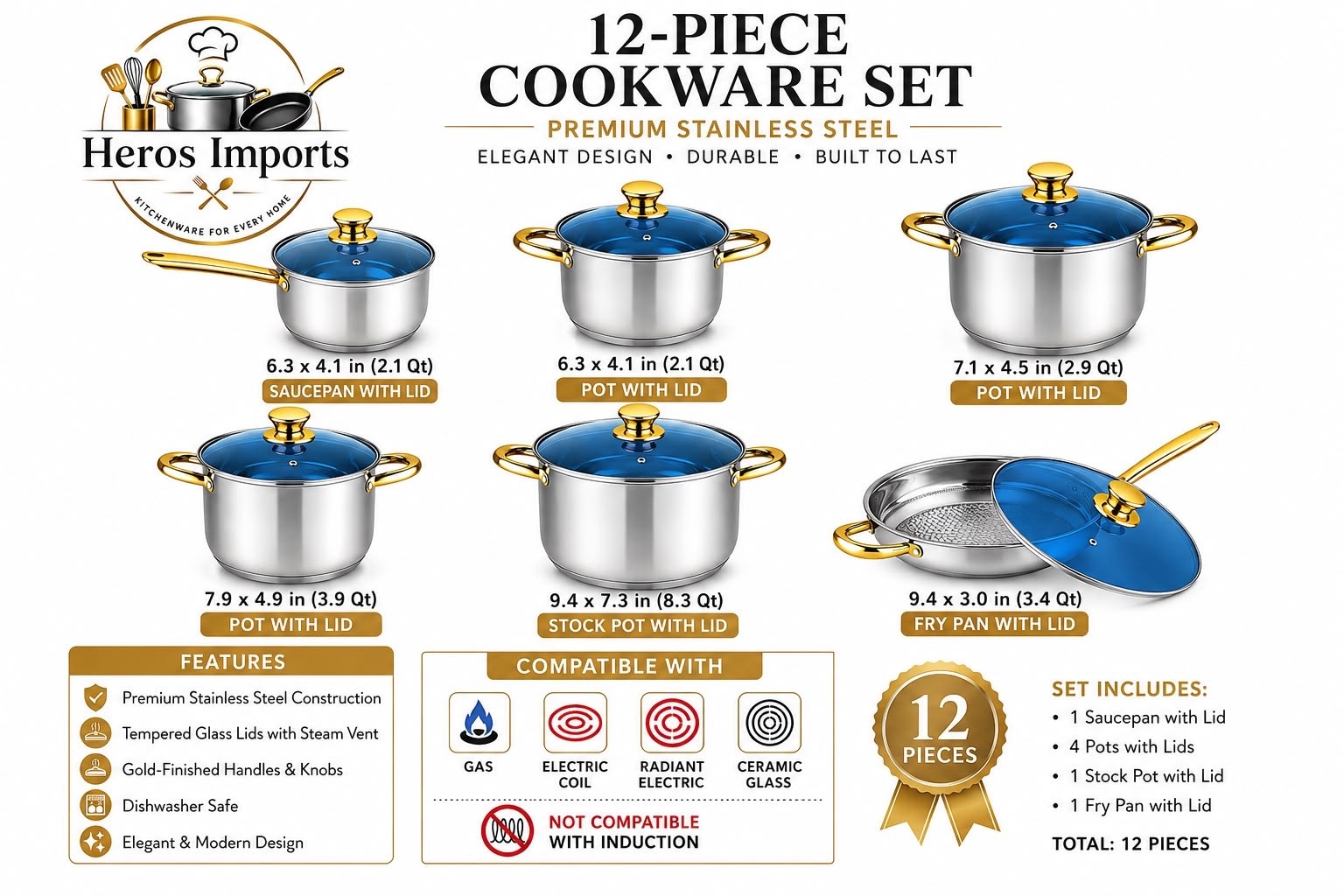 12-Piece Stainless Steel Cookware Set w/ Glass Lids Induction Ready- TENERIFE