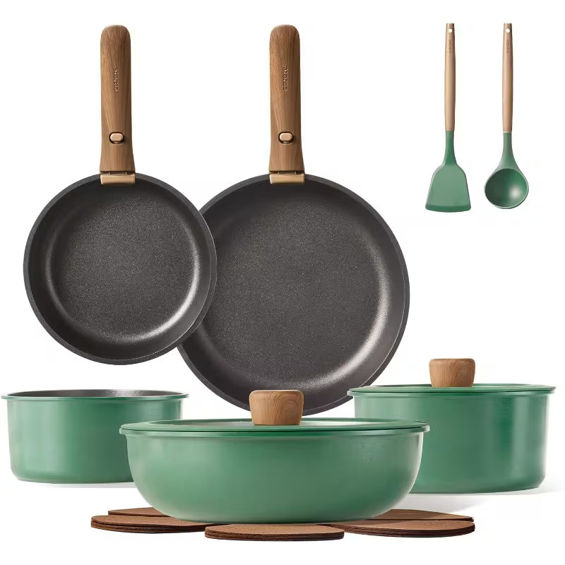 Carote 15 PC Cookware Pan Set With Detachable Handle Non Stick Oven Safe Green