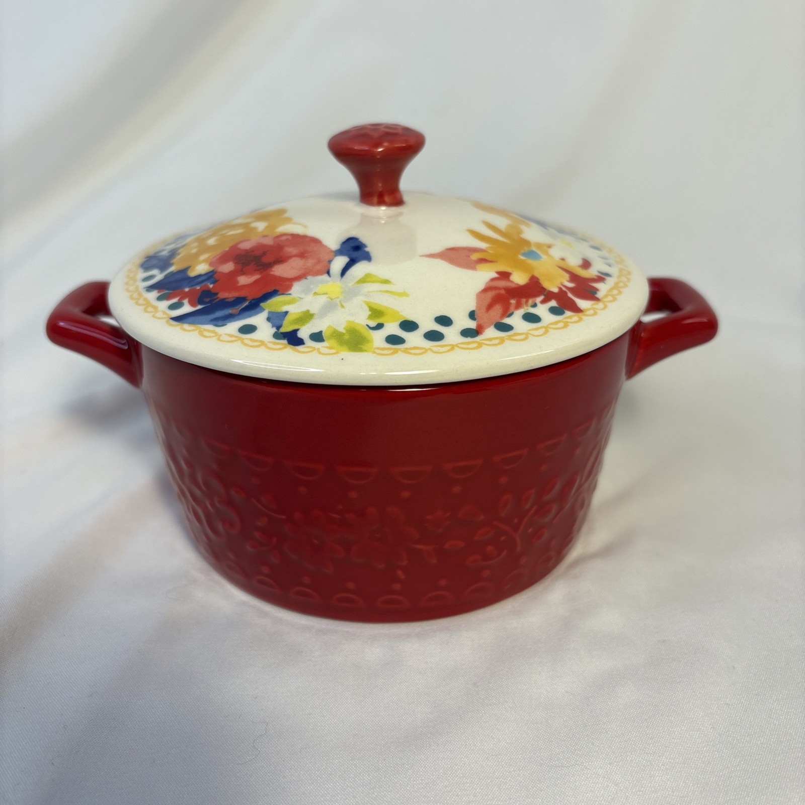 Pioneer Woman Mini Casserole w Lid 122173.02 Fiona Floral Red 4.5″ Diameter EX
