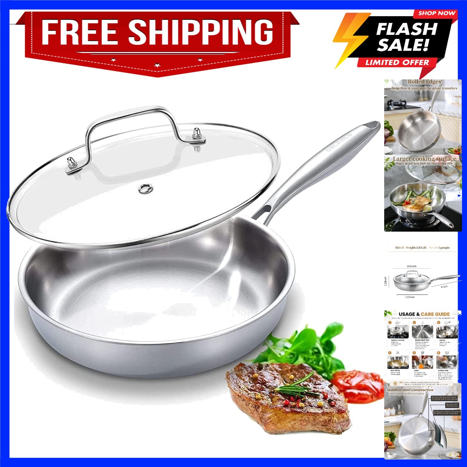 Tri-Ply Stainless Steel Pan, 18/10 Frying Pan, Oven Safe Up to 600°F, Nontoxi…