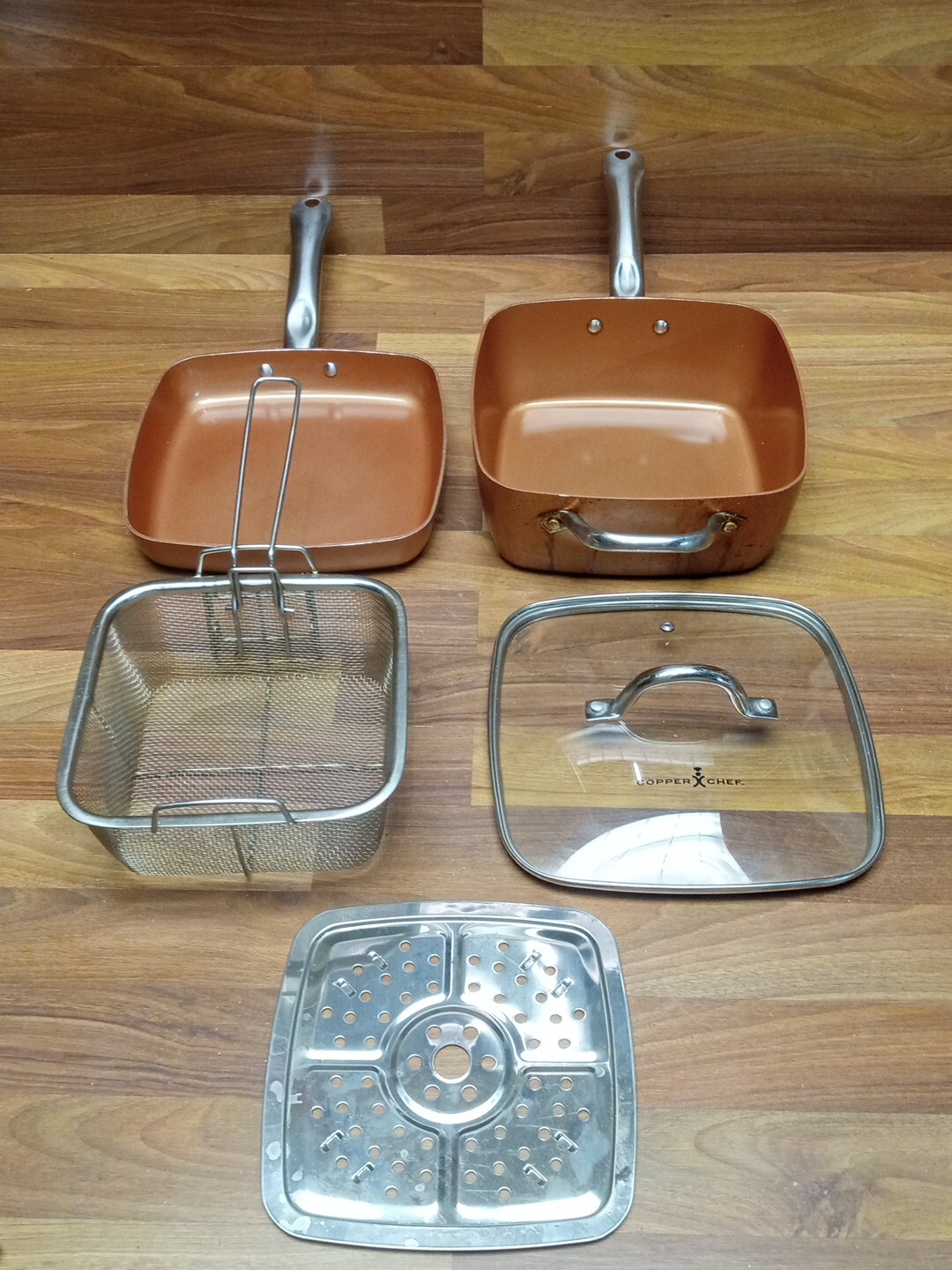Copper Chef 2 Square 9.5″ Fry Pans, 1 Lid, Cookbook, 2 Knives, Fry Basket LOT