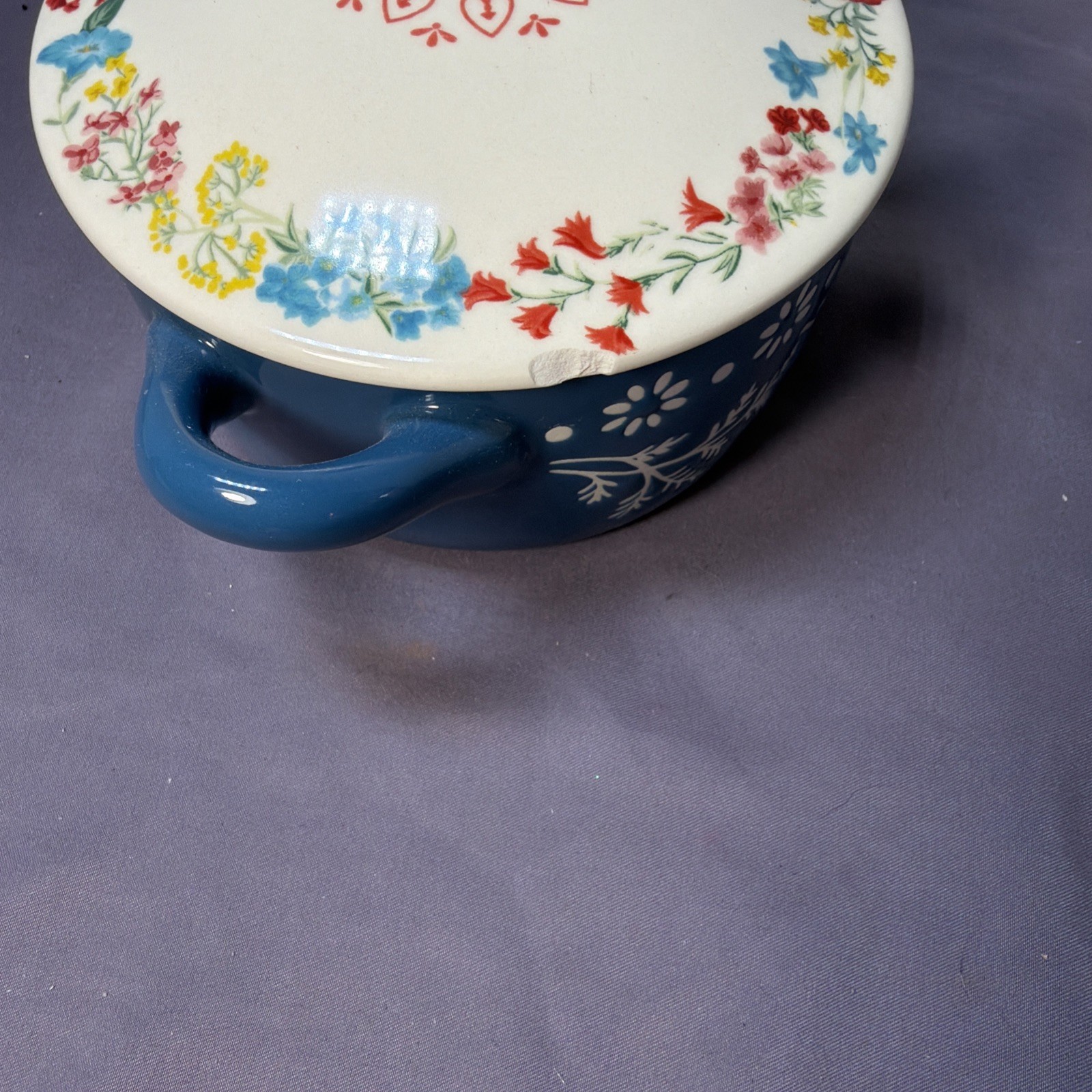 Pioneer Woman Blue & White Fancy Flourish Mini Cocotte w/Lid 16 oz 4.5” See Pics