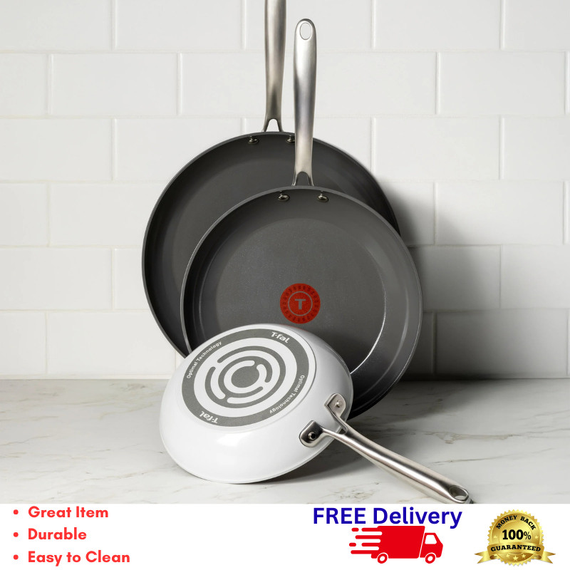 T-Fal Ceramic Nonstick Frypan 3-Piece Cookware Set 8″ 10.5″ 12″ Skillet Pan Gray