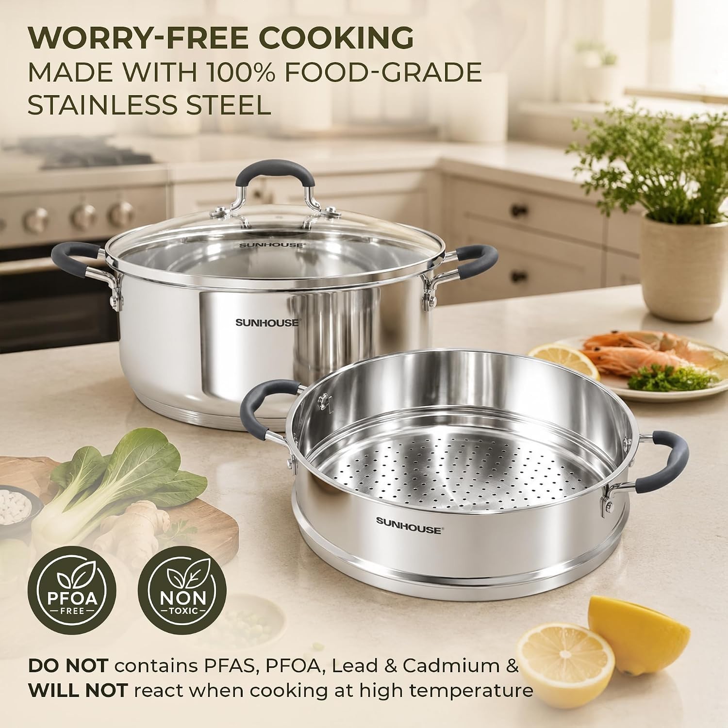 6.3Qt Stainless Steel Steamer Pot 2 Tier w/Glass Lid Induction