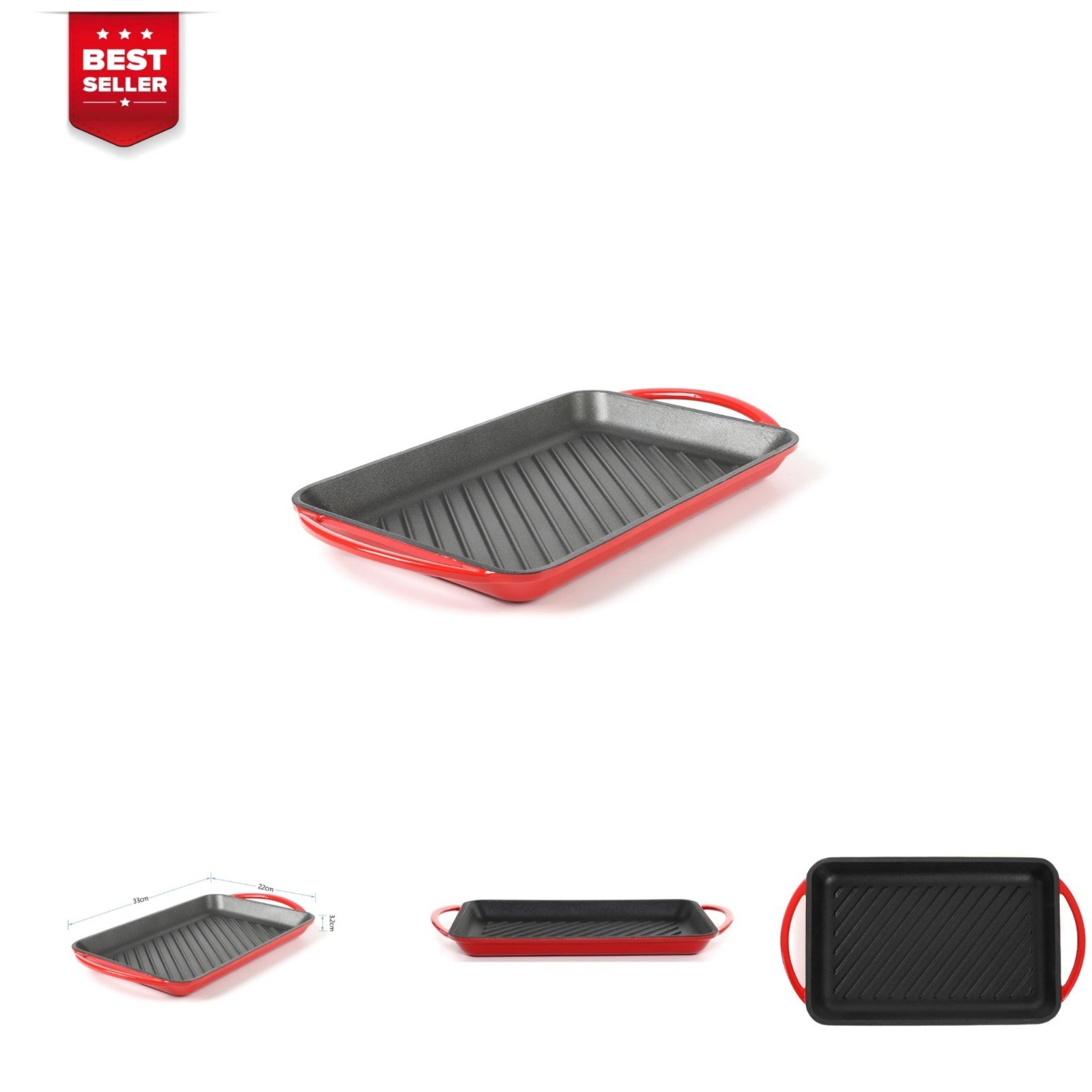 HAWOK Enameled Cast Iron Grill Pan, Rectangular Griddle, Fire Red