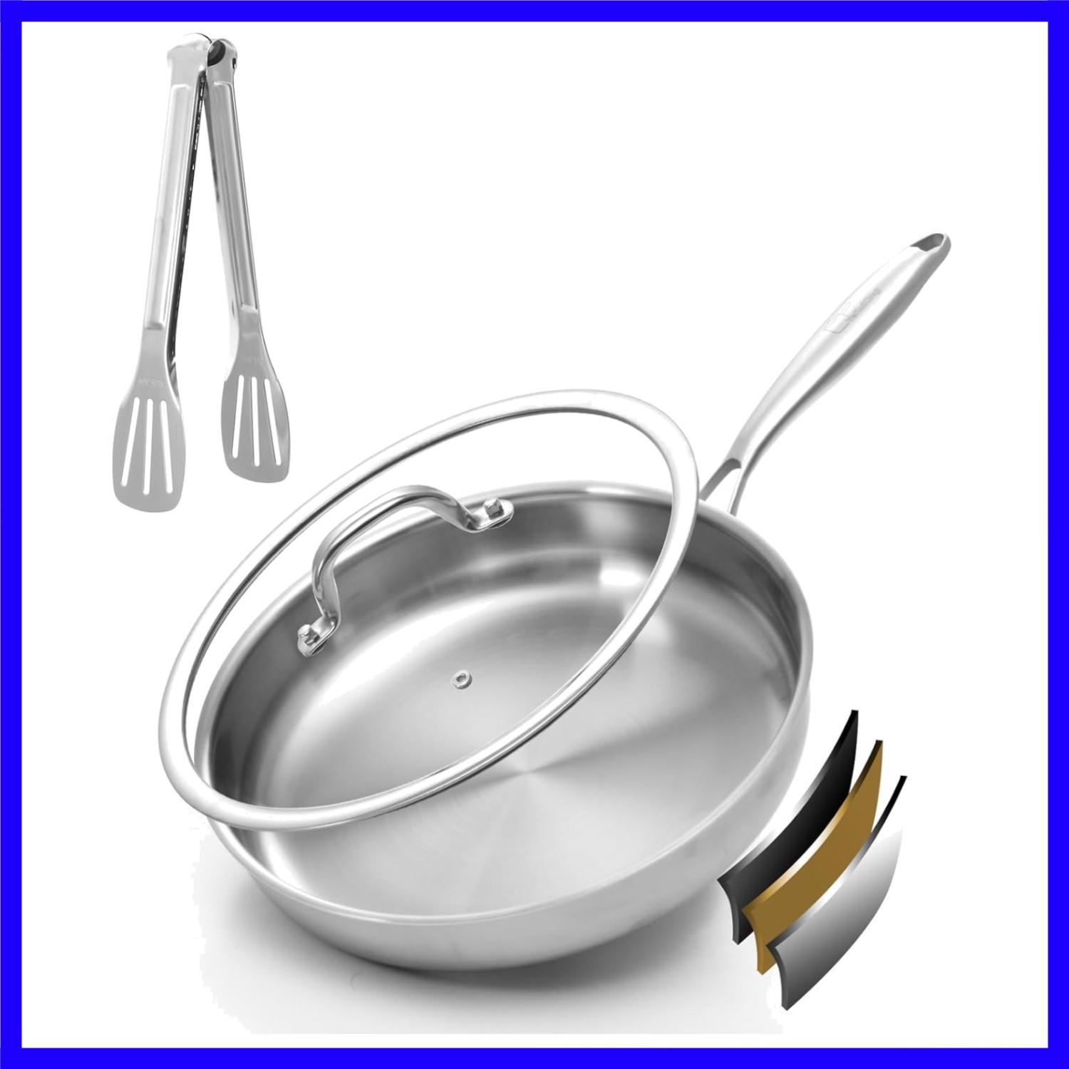 Tri-ply Stainless Steel Frying Pan 12 Inch with Lid Large Skillet for Chef’s …