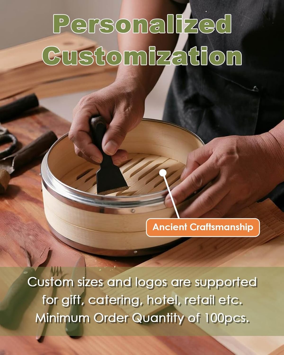 Bamboo Steamer Basket, Stainless Steel Reinforced Rim, 12-Inch 2-Tier Steamer