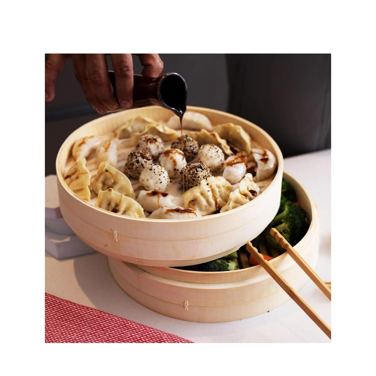 Traditional 10 Inch Bamboo Steamer Basket 2 Tier for Dumplings Buns Vegetables