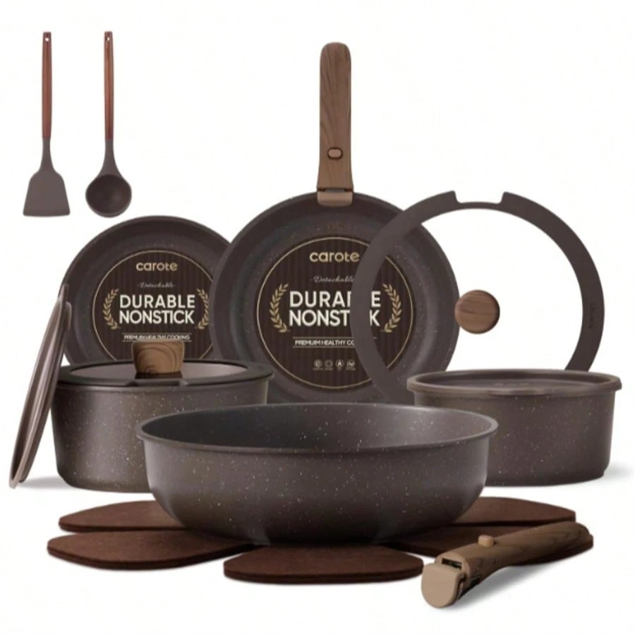 17Pcs Nonstick Pots & Pans Set Detachable Handle Induction RV Cookware Brown