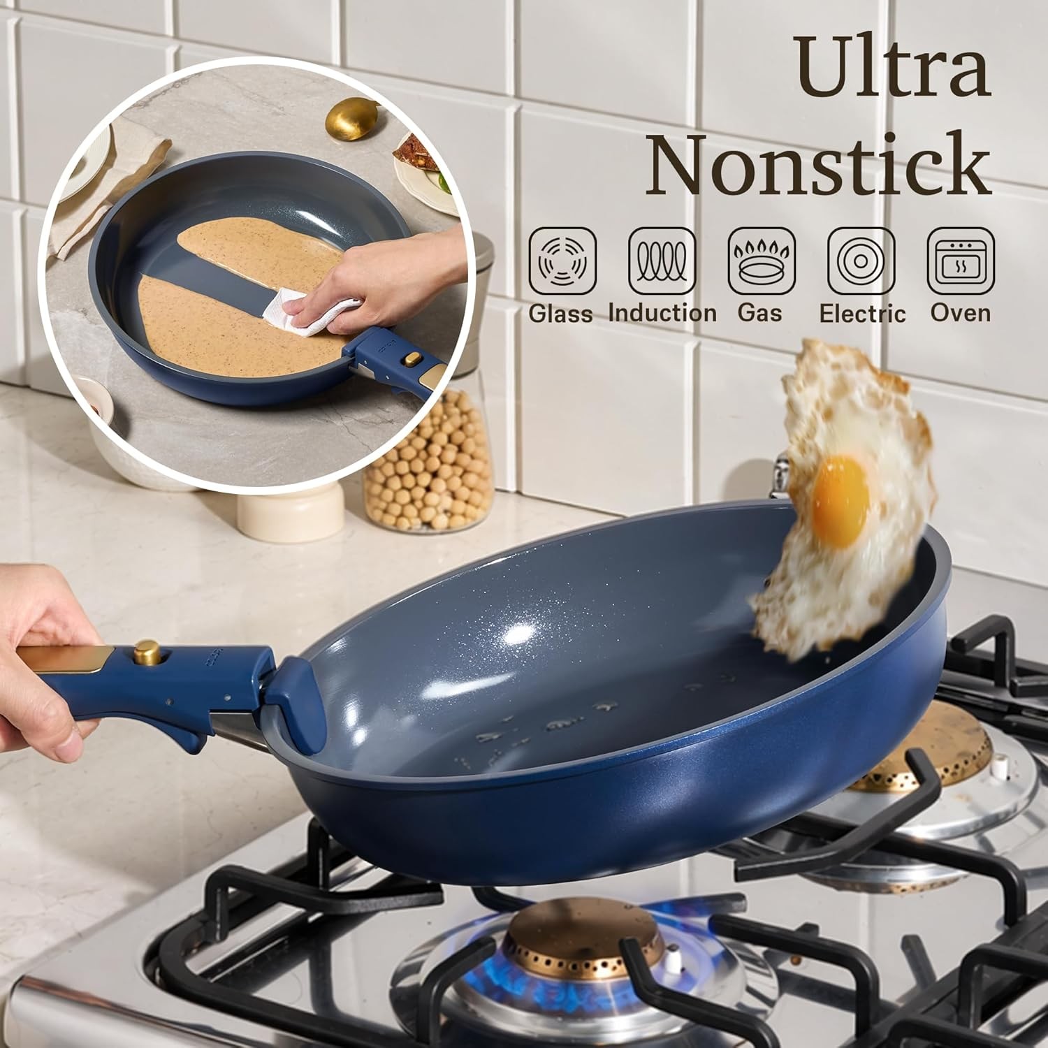 CAROTE Blue&Gold Ceramic Cookware Set Non Toxic, PFAS Free,15Pcs Pots and Pans S