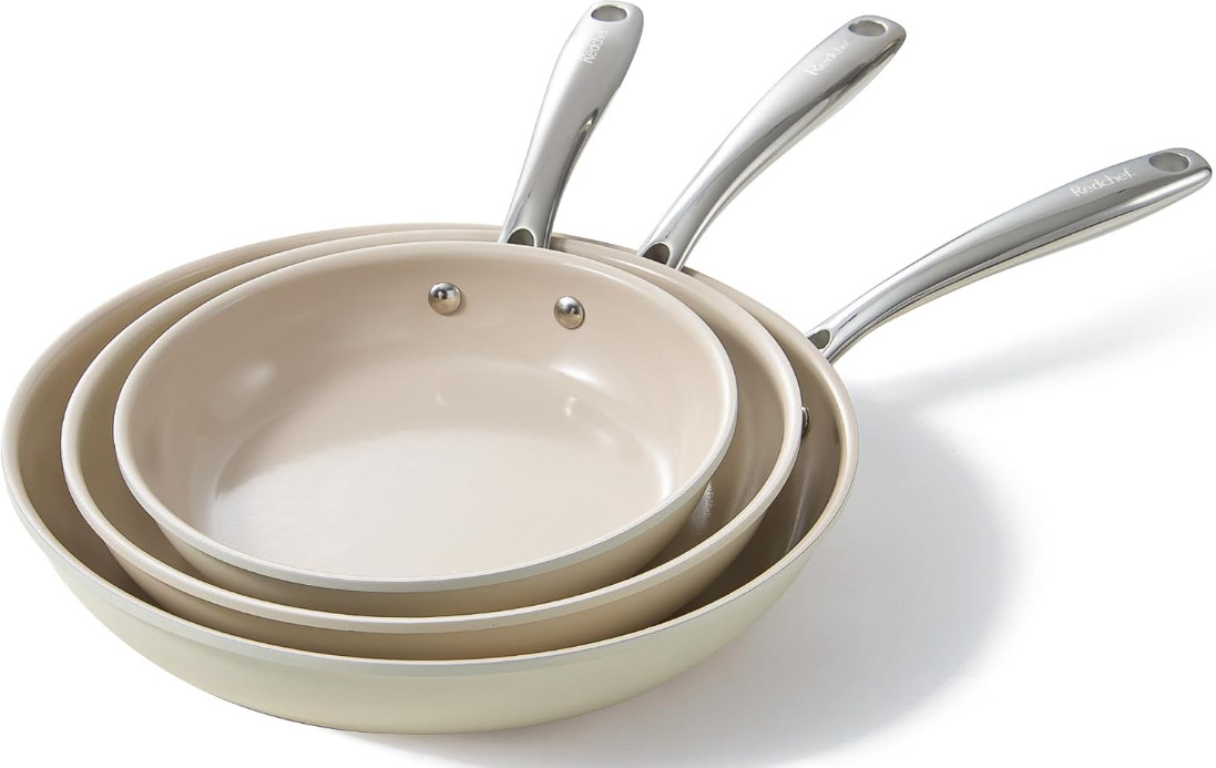 Juego Sartenes Cerámicas Antiadherentes 8″ 9.5″ 11″ Sin PFAS Apta Horno Inducció