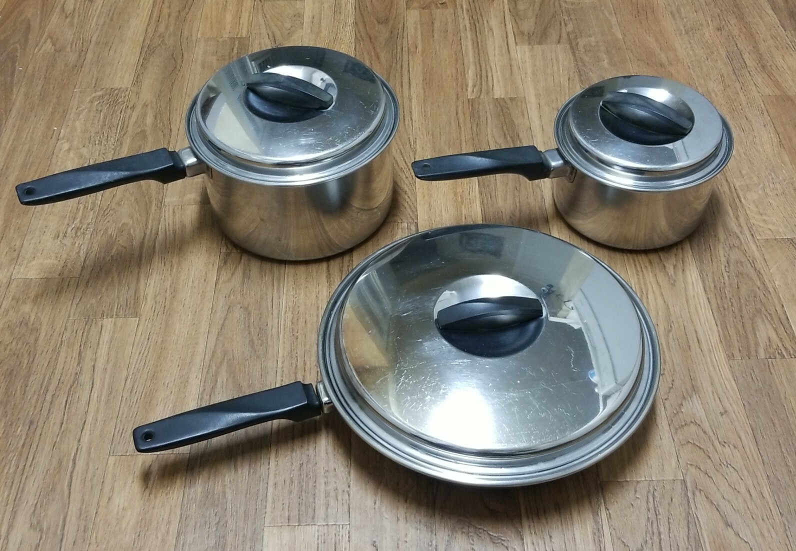 Vtg Stainless Steel Flint Ekco 1.5 & 3 Qt Sauce Pan Pot 10″ Skillet Lids Lot Set