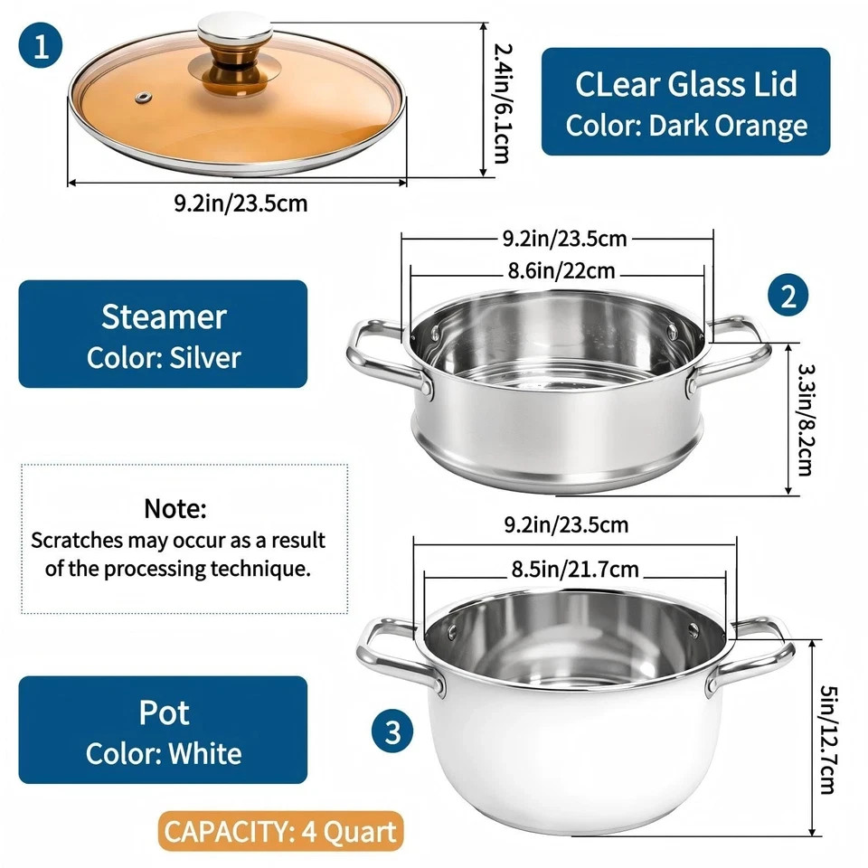 2 Tier Steamer Pot with Lid 4 Quart Stainless Steel Food Cooking Vegetable
