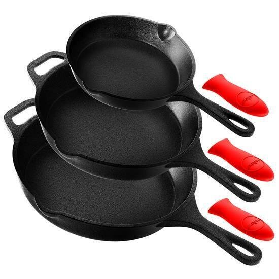 NutriChef 3 Piece Pre-Seasoned Cast Iron Skillet Set 500°F Heat Resistant
