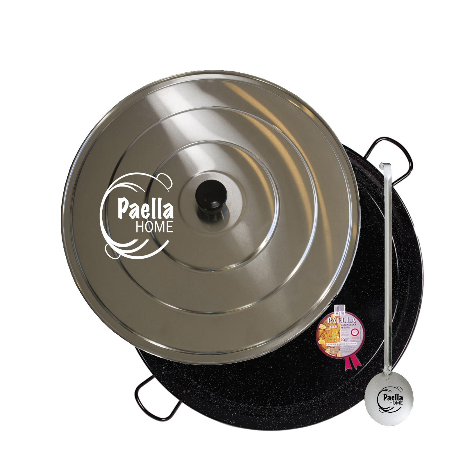 30cm – 80cm Enamelled Paella Pan + Aluminium Lid +Spoon (according to variation)