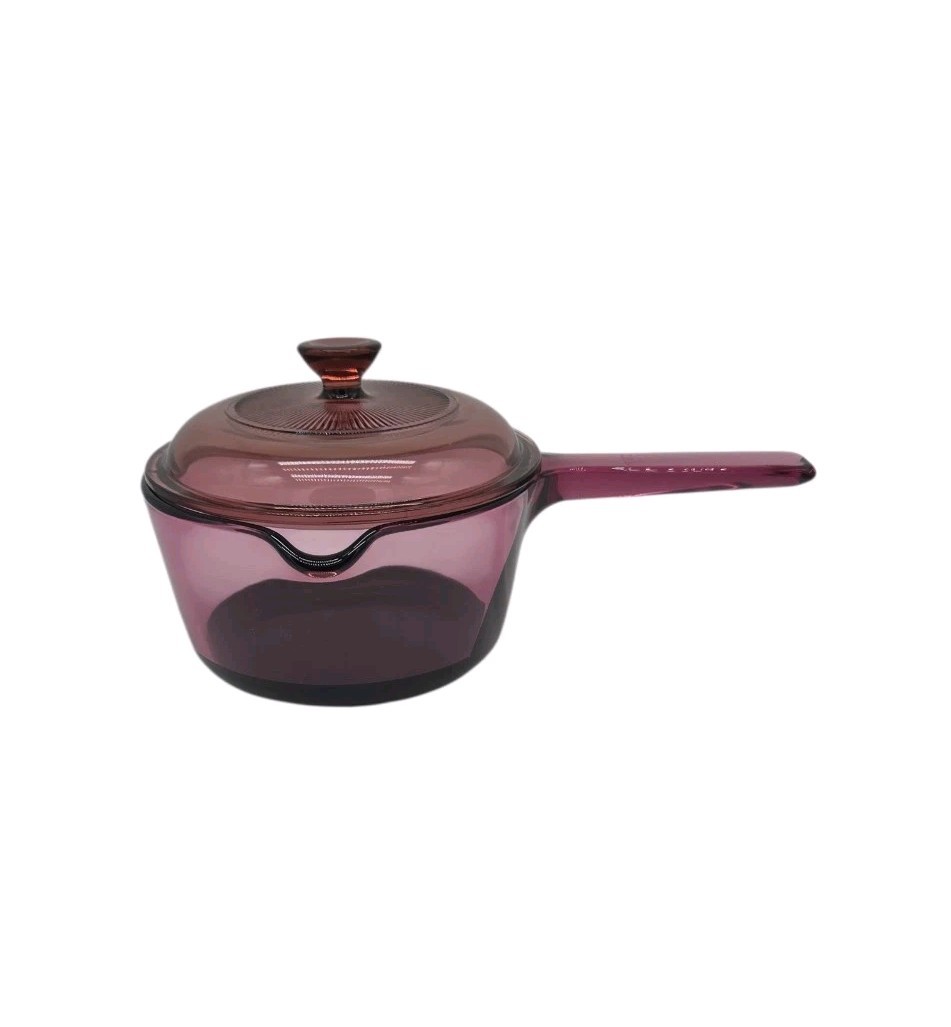 Vtg Corning Ware Vision Cranberry Glass 1L Sauce Pan Pot Teflon Bottom Pyrex Lid